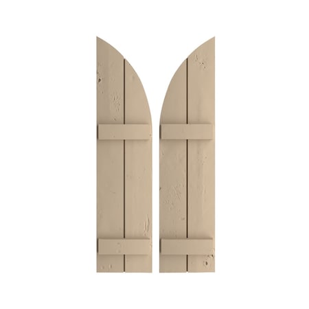 Knotty Pine 2 Board Joined Board-n-Batten W/Quarter Round Arch Top Faux Wood Shutters, 11W X 60H